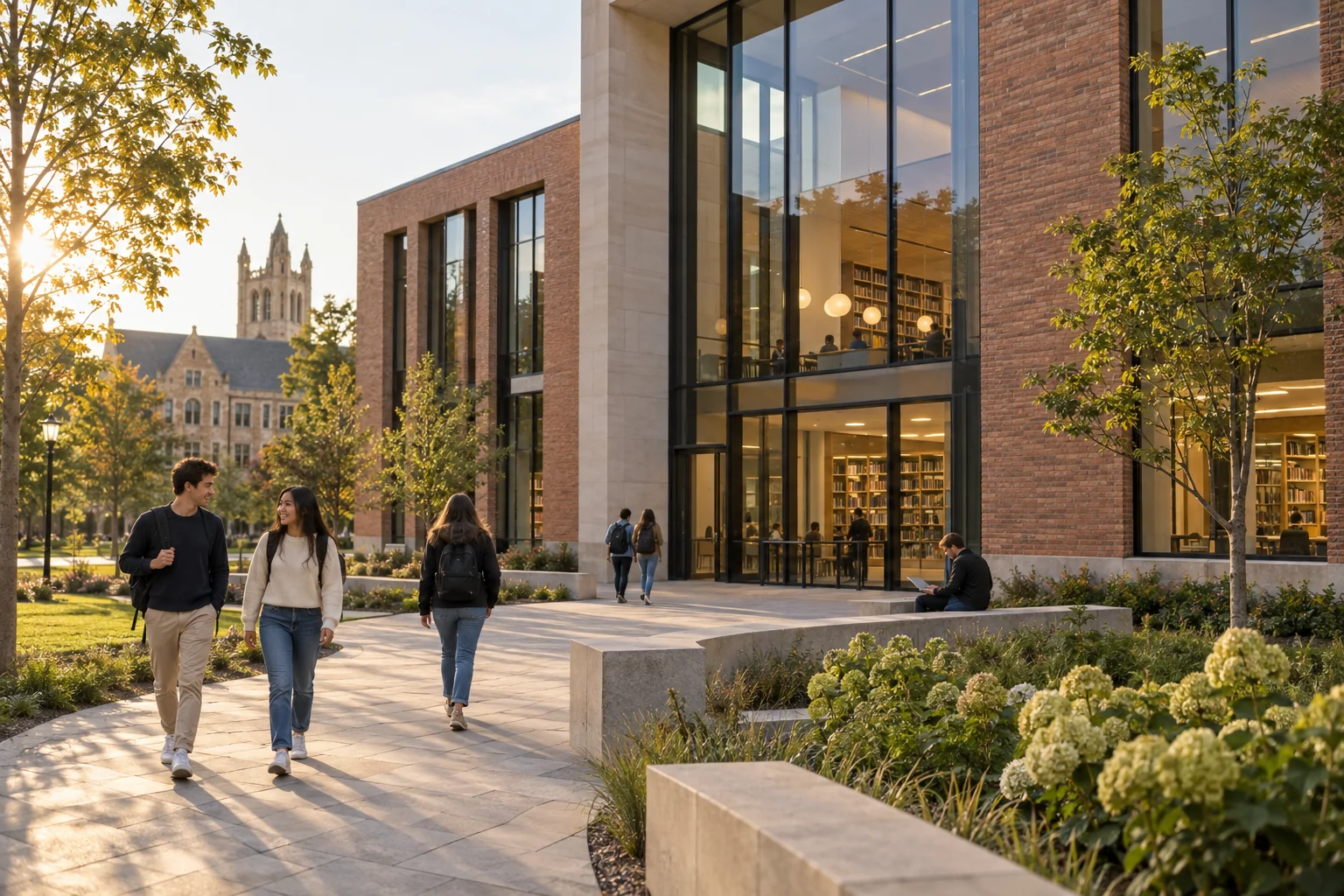 Students outside a modern brick and glass campus library
